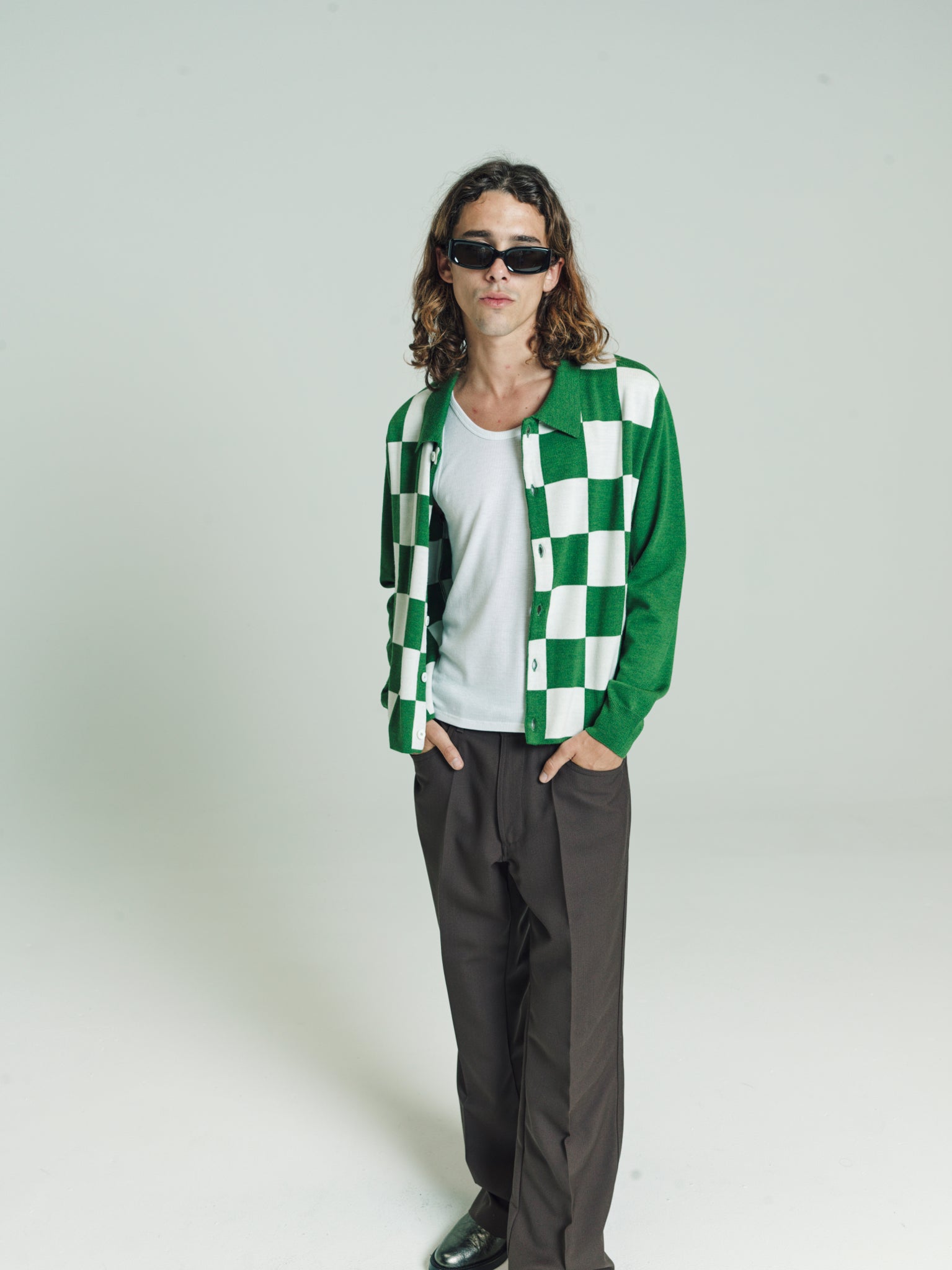 Checkered Button Down Knit | Ivory/Green