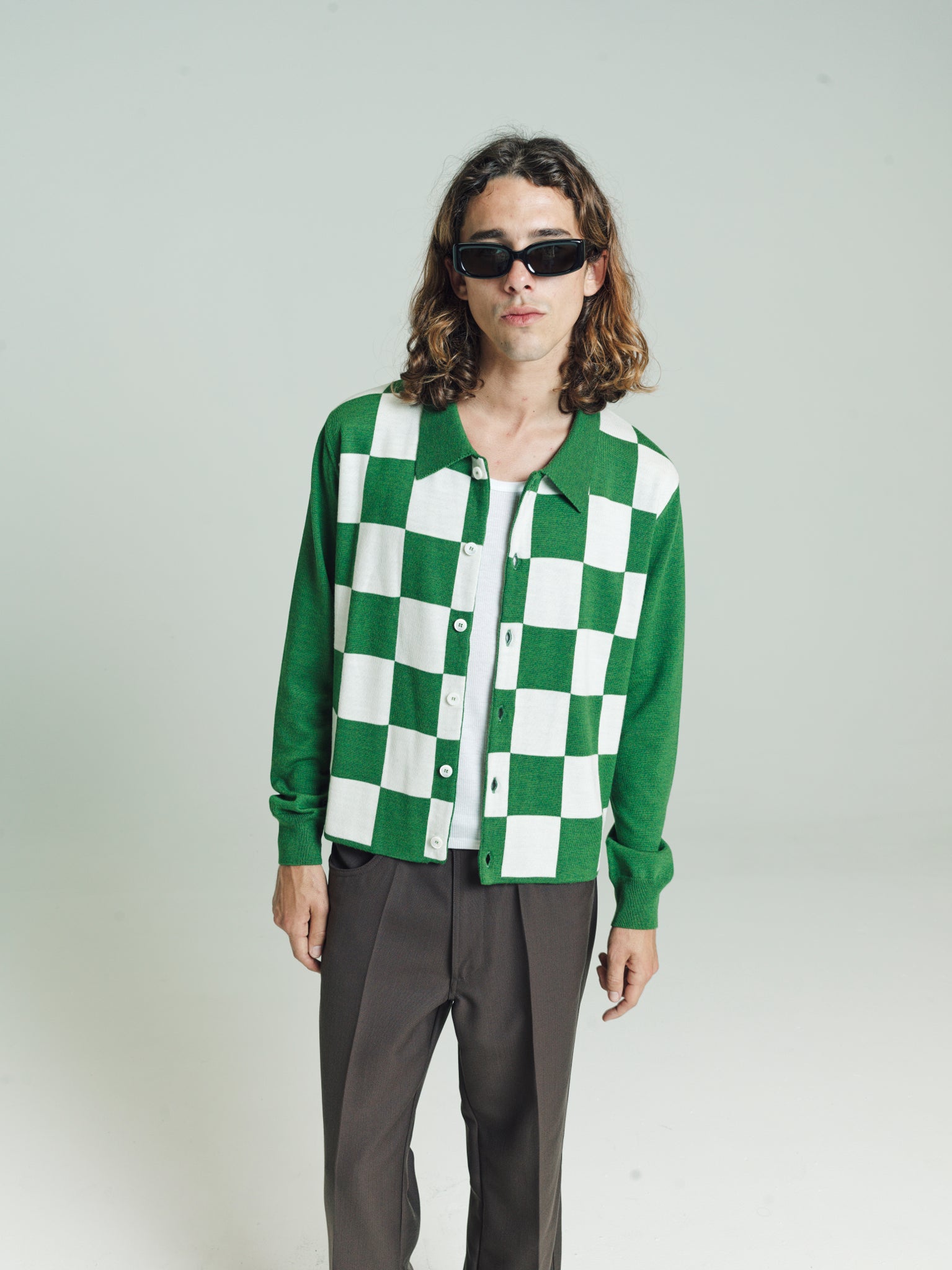 Checkered Button Down Knit | Ivory/Green