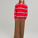 FRIENDS ZIP UP WAFFLE KNIT SWEATER RED STRIPE